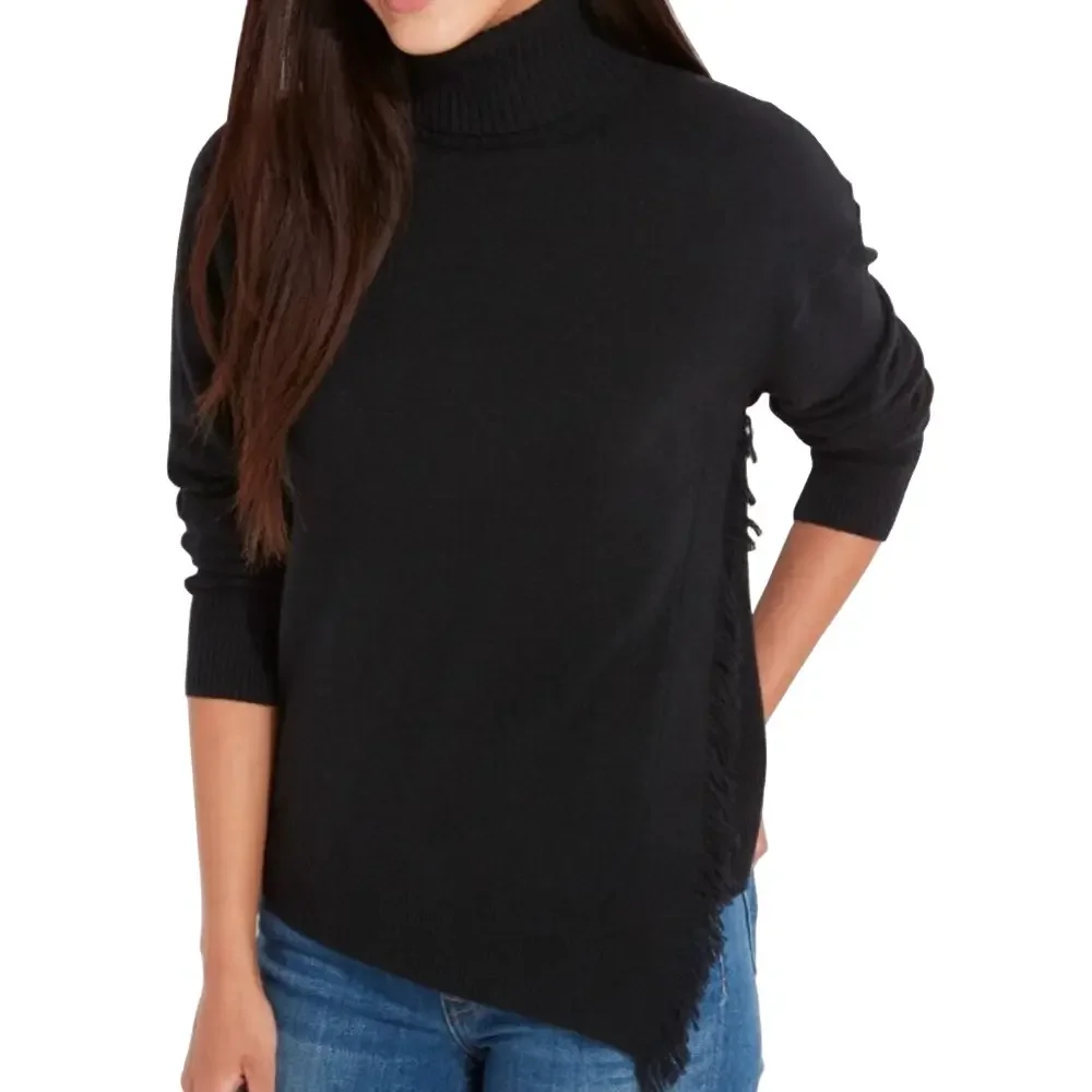 Vineyard Vines Black Size Small Sweater Wool Cashmere Fringe Trim Turtleneck